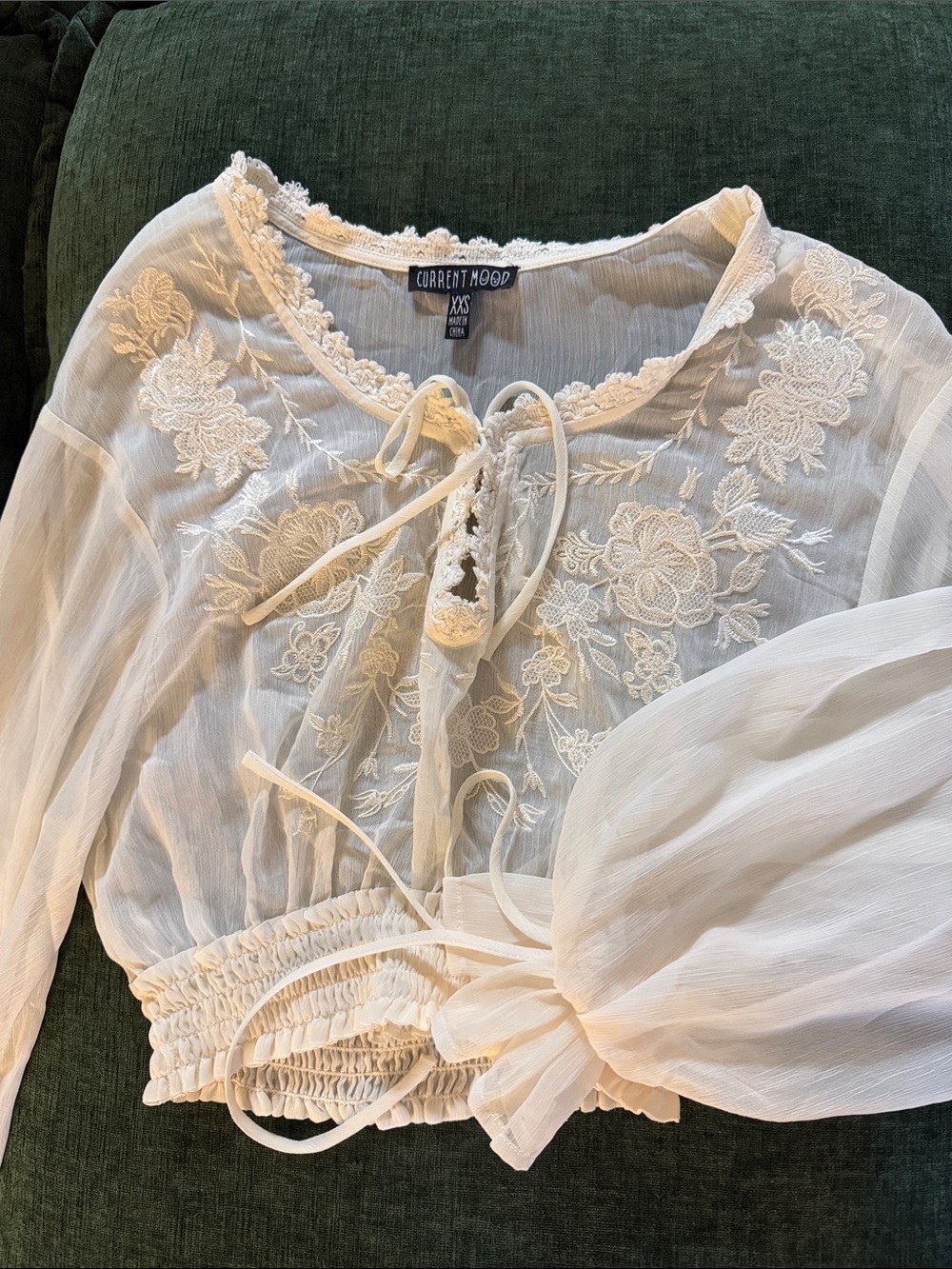 Current Mood Ivory Floral Embroidered Tie-Front Blouse